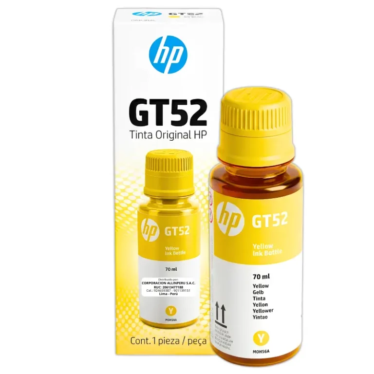 Botella de tinta HP GT52 amarillo M0H56AL 70ml vista frontal