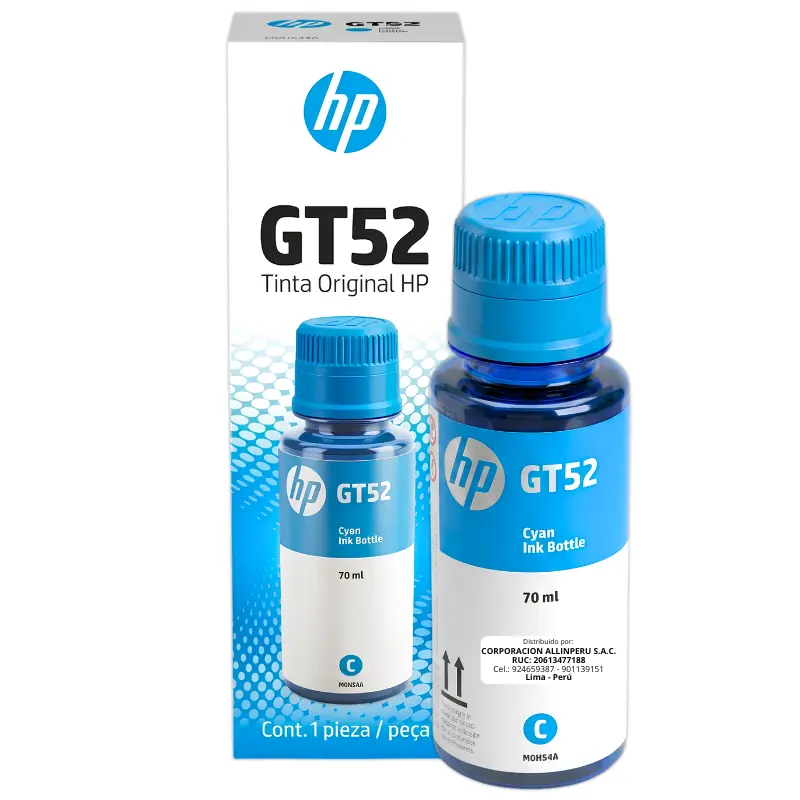 Botella de tinta HP GT52 cian M0H54AL 70ml vista frontal