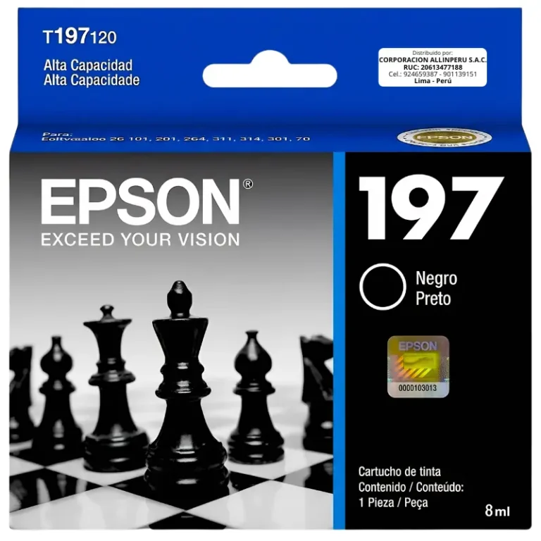 Cartucho de tinta Epson T197120-AL negro original sellado sobre fondo blanco