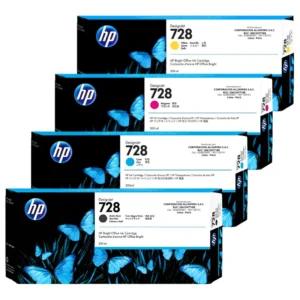 Foto de tinta HP 728 negro mate F9J68A 300ml junto al pack