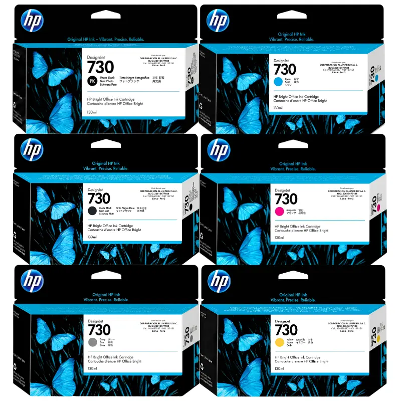 Kit tinta HP 730 130ml original con sus 6 cartuchos de colores