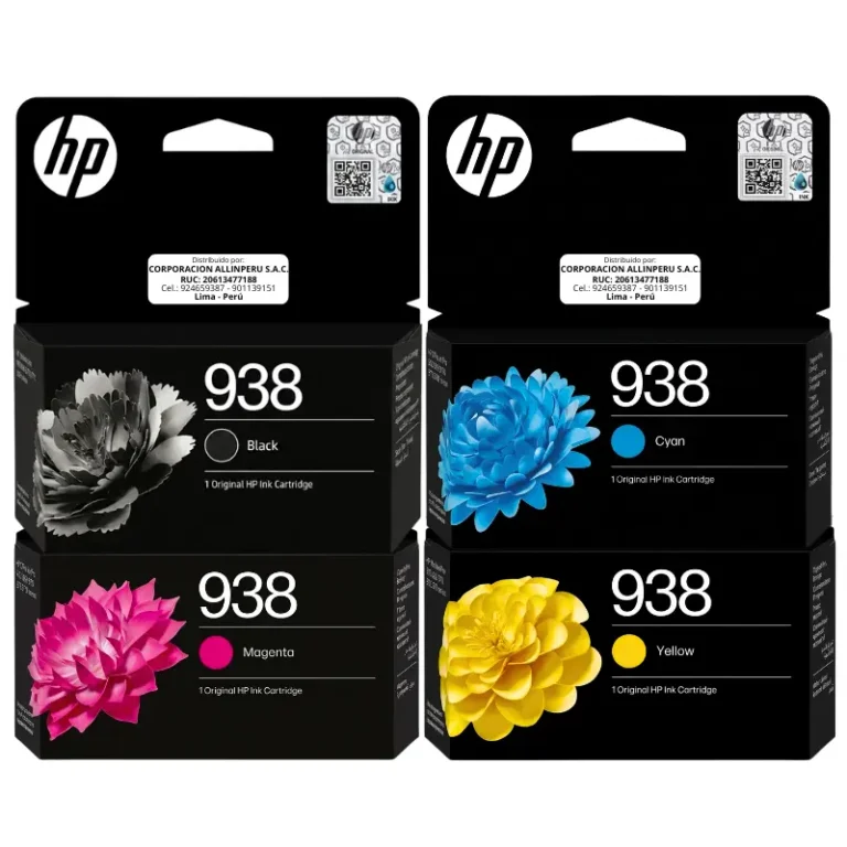 Kit tinta original HP 938 CMYK cuatro cartuchos sobre fondo blanco