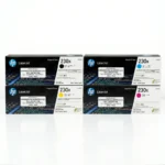 Foto de Kit Toner HP 230X cuatro cartuchos negro cian amarillo magenta sobre fondo blanco