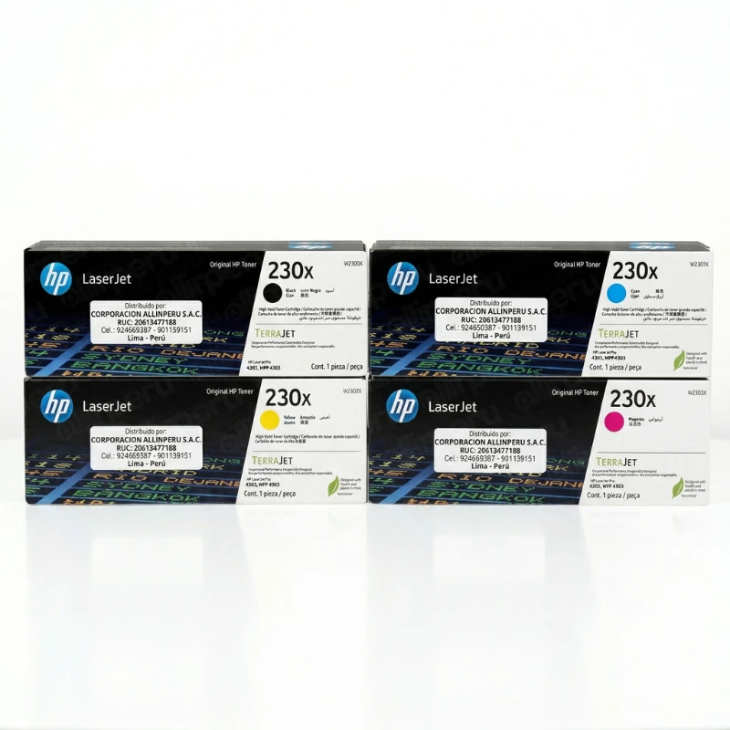 Kit Toner HP 230X — Set completo CMYK original Foto de Kit Toner HP 230X cuatro cartuchos negro cian amarillo magenta sobre fondo blanco