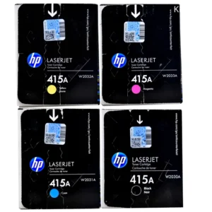 Kit tóner HP 415A cuatro colores negro cyan magenta amarillo sobre fondo blanco