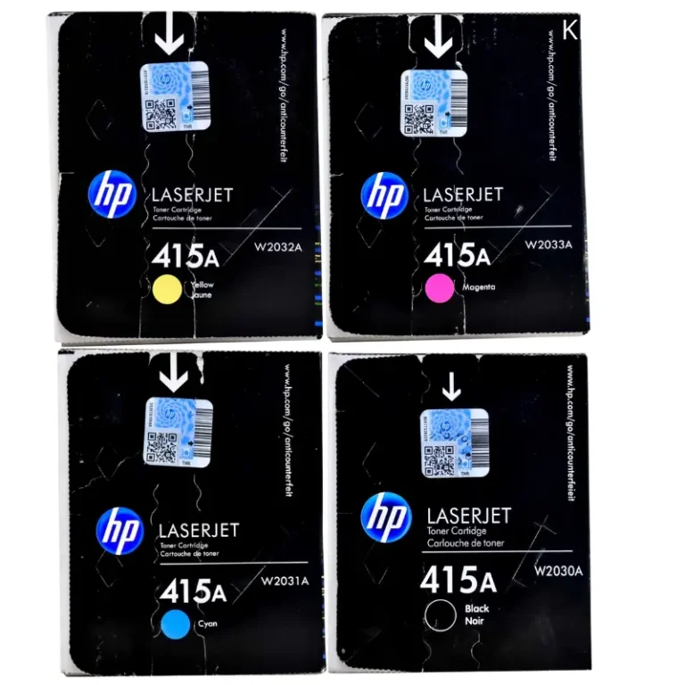 Kit tóner HP 415A cuatro colores negro cyan magenta amarillo sobre fondo blanco