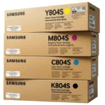 Cuatro cartuchos Samsung CLT-804S alineados por color negro cian magenta amarillo