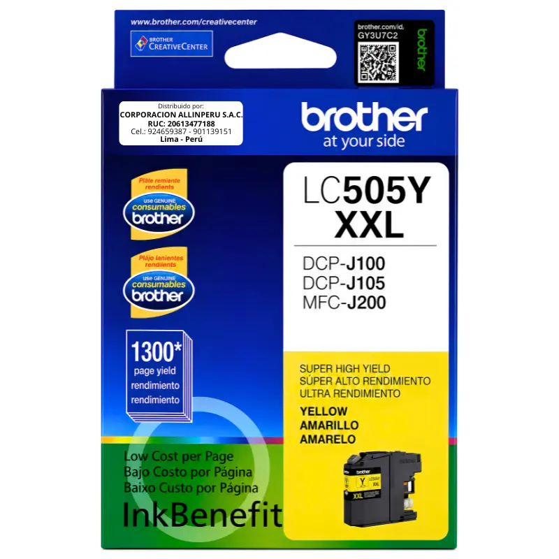 Tinta Brother LC505Y Amarillo - vista frontal Tinta Brother LC505Y Amarillo cartucho original frontal