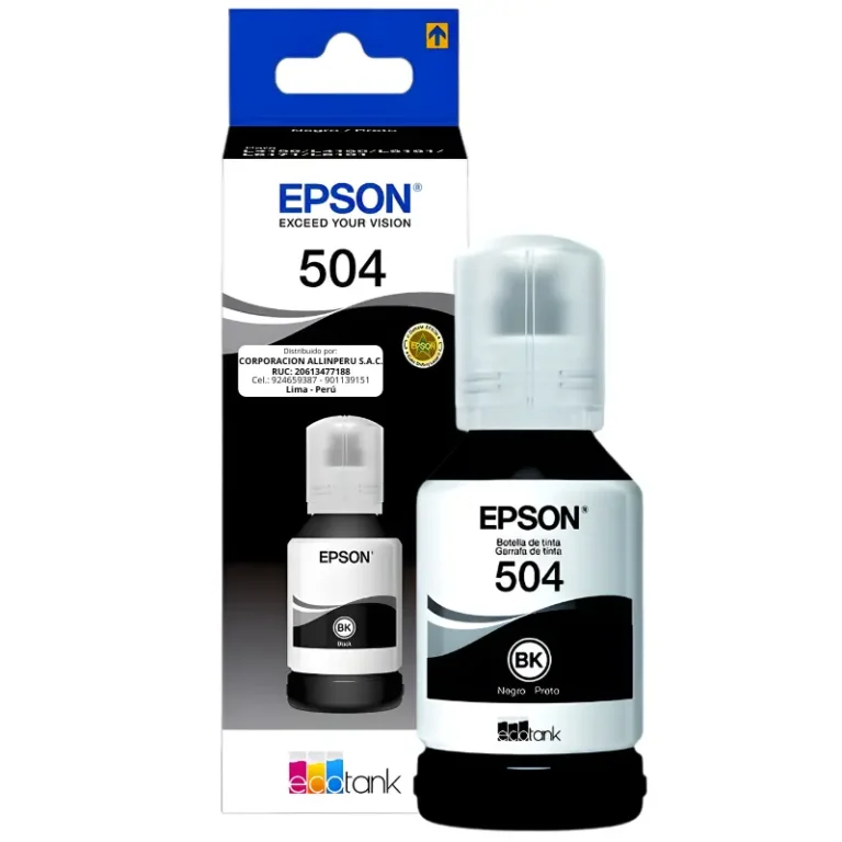 Foto de tinta Epson 504 negro T504120-AL botella 65 ml sobre fondo blanco