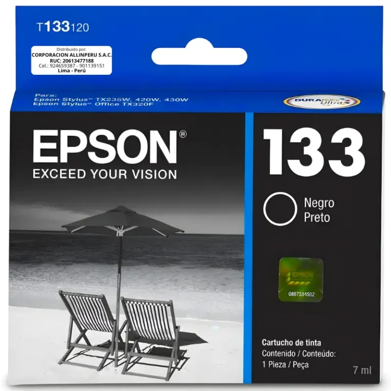 Cartucho Epson 133 negro original T133120 sellado sobre fondo blanco