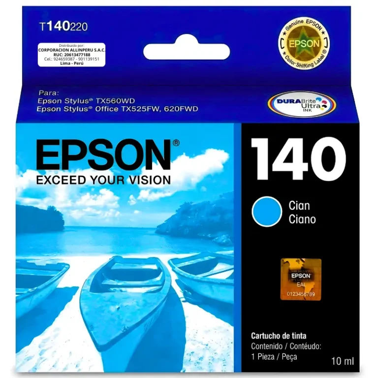 Tinta Epson T140220 cian original sellada de fábrica sobre fondo blanco