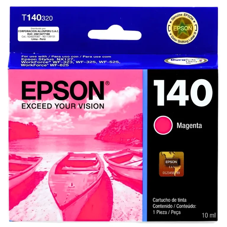 Tinta Epson T140320 magenta original sellada de fábrica sobre fondo blanco