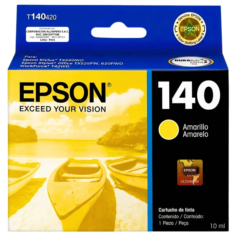 Tinta Epson T140420 Amarillo Original — AllinPerú Tinta Epson T140420 amarillo original sellada de fábrica sobre fondo blanco