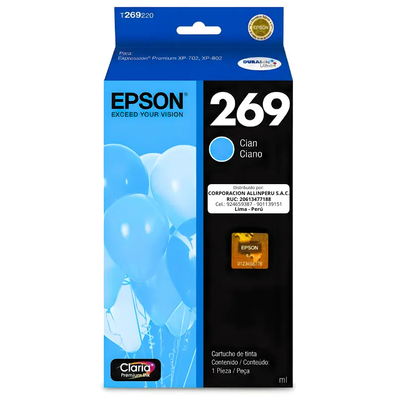 Tinta Epson T269220-AL Cyan 269 — Original sellado Cartucho tinta Epson T269220-AL Cyan vista frontal sellado de fábrica