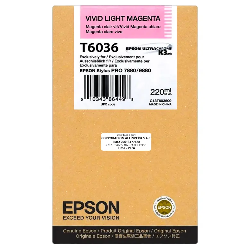 Tinta Epson T603600 Original Light Magenta 220ml Foto de cartucho Epson T603600 Light Magenta 220ml frontal fondo blanco