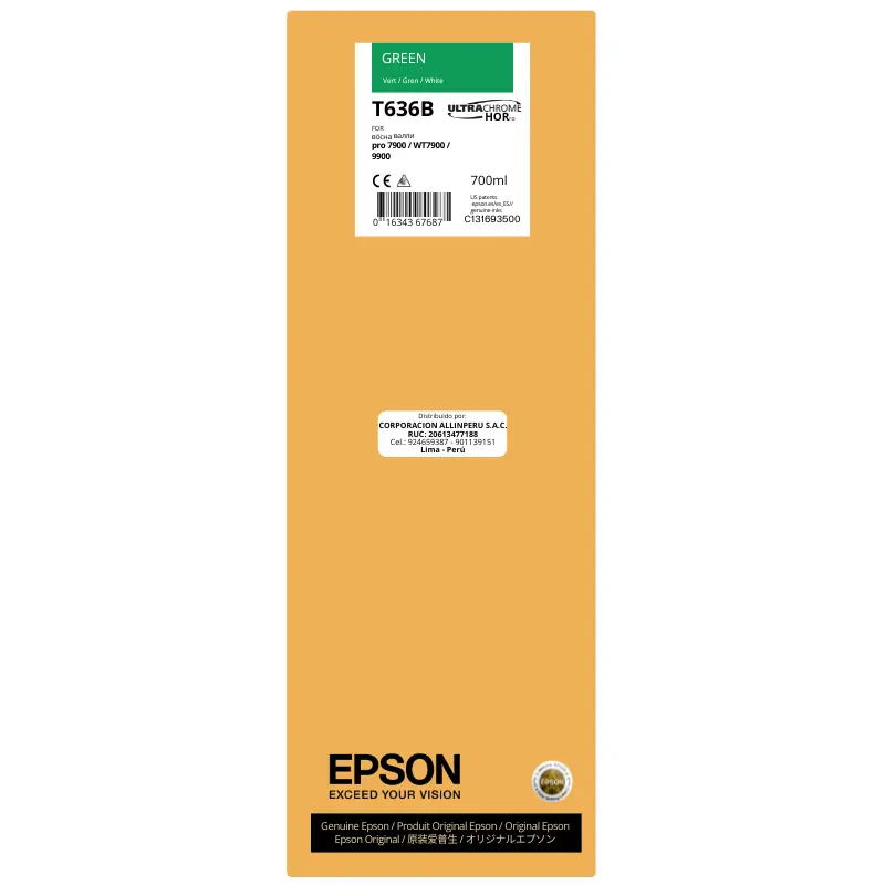 Tinta Epson T636B Green 700 ml — Vista frontal Botella de tinta Epson T636B00 Green 700 ml original sellada de fábrica