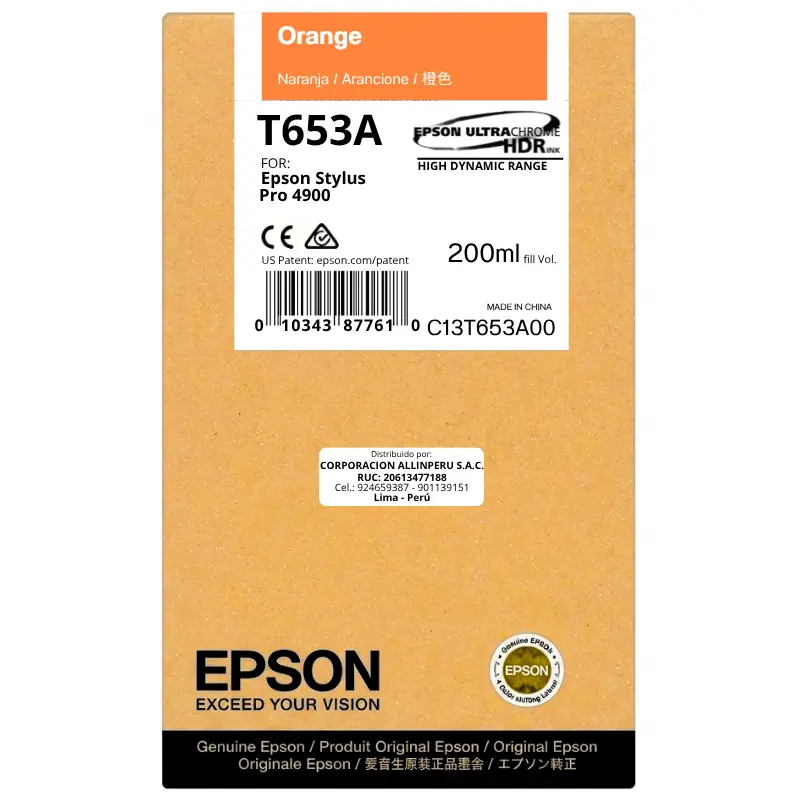 Tinta Epson T653A00 Orange 200 ml — Original sellada Foto de tinta Epson T653A00 Orange 200 ml botella original sellada vista frontal