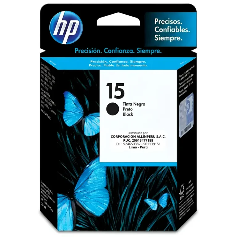 Tinta HP 15 negro C6615DL original de frente sobre fondo blanco