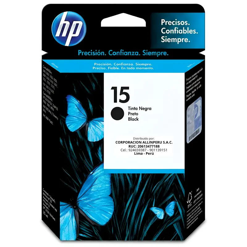 Tinta HP 15 Negro C6615DL Original Tinta HP 15 negro C6615DL original de frente sobre fondo blanco