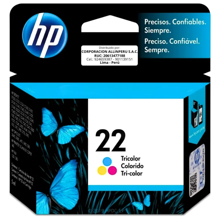 Tinta HP 22 tricolor C9352AL original de frente sobre fondo blanco