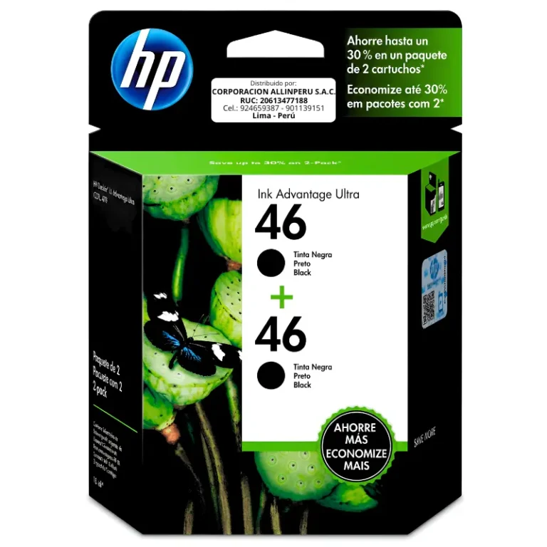 Foto de tinta HP 46 negro M0H61AL two pack empaque frontal