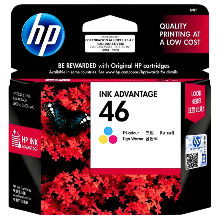 Tinta HP 46 tricolor CZ638AL vista frontal del empaque original