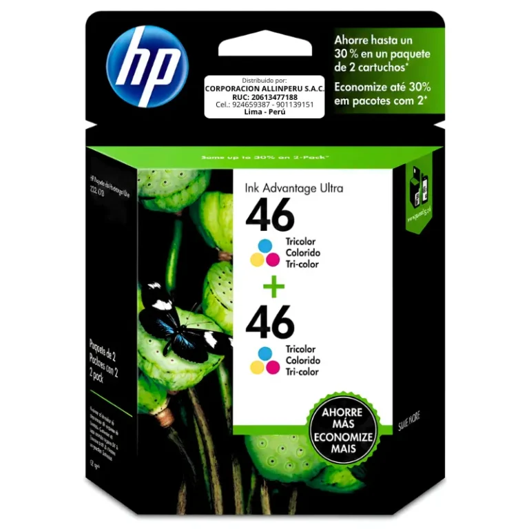 Foto de tinta HP 46 tricolor M0H59AL two pack empaque frontal
