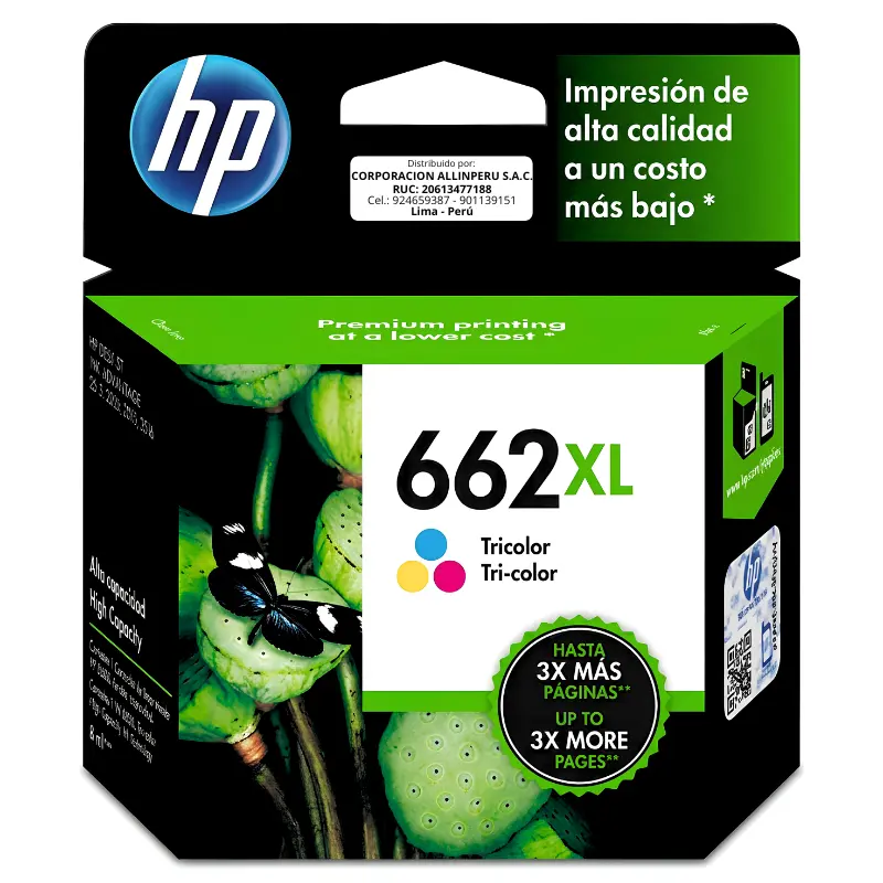 Tinta HP 662XL Tricolor CZ106AL cartucho original frontal