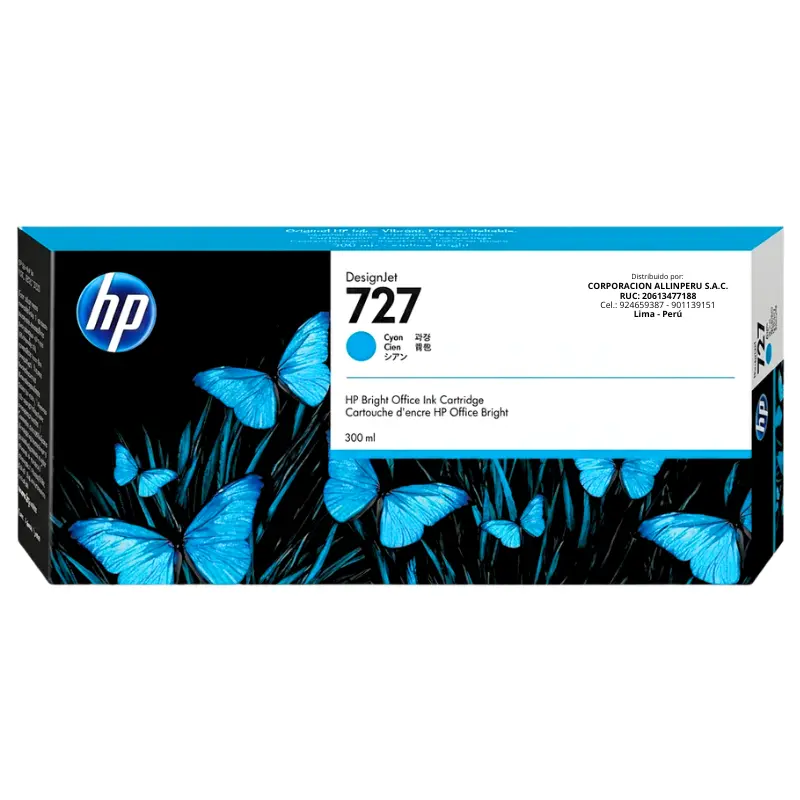 Foto de tinta HP 727 cian 300ml código F9J76A original