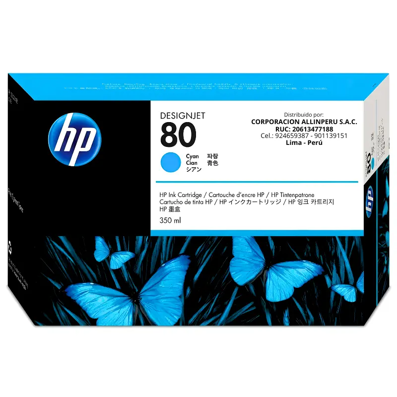 Tinta HP 80 cyan C4846A 350ml original vista frontal