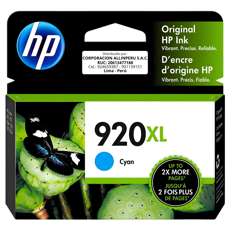 Tinta HP 920XL CD972AL Cian Tinta HP 920XL CD972AL cian cartucho original frontal