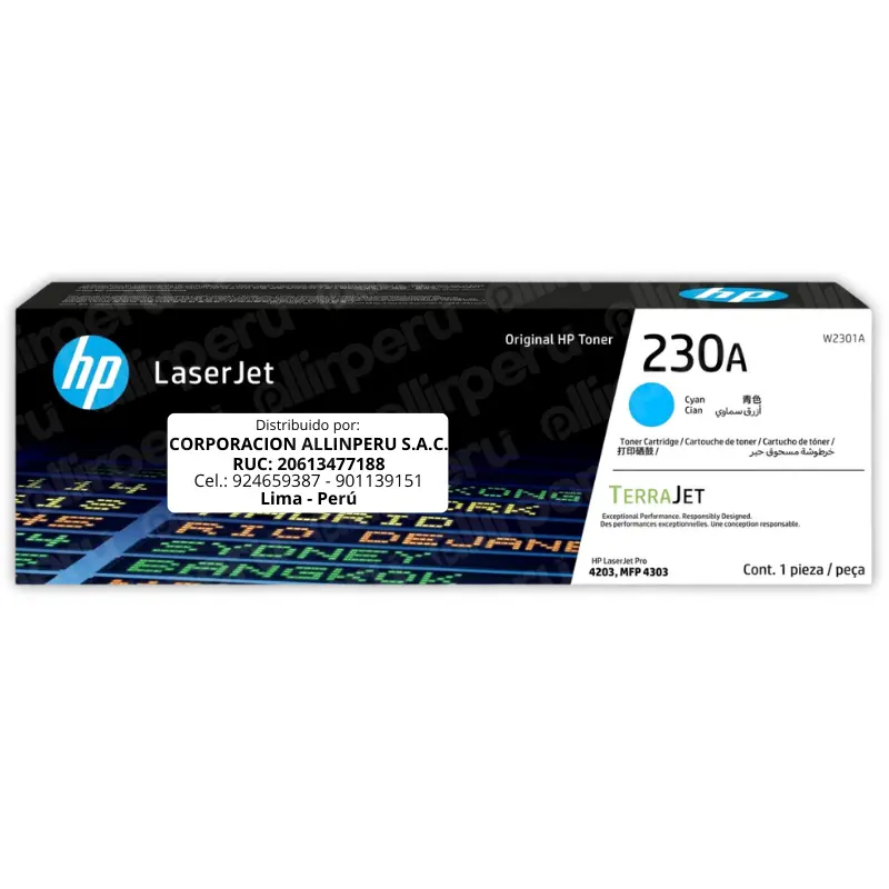 Tóner HP 230A Cian W2301A original sellado vista frontal