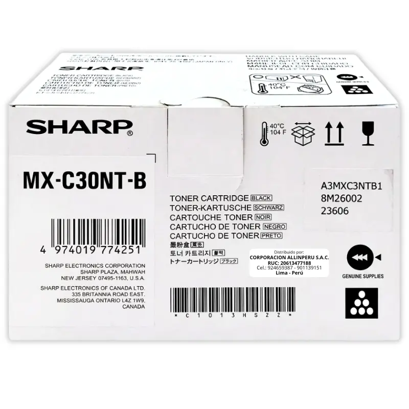Tóner Sharp MX-C30NTB Negro original caja sellada vista frontal