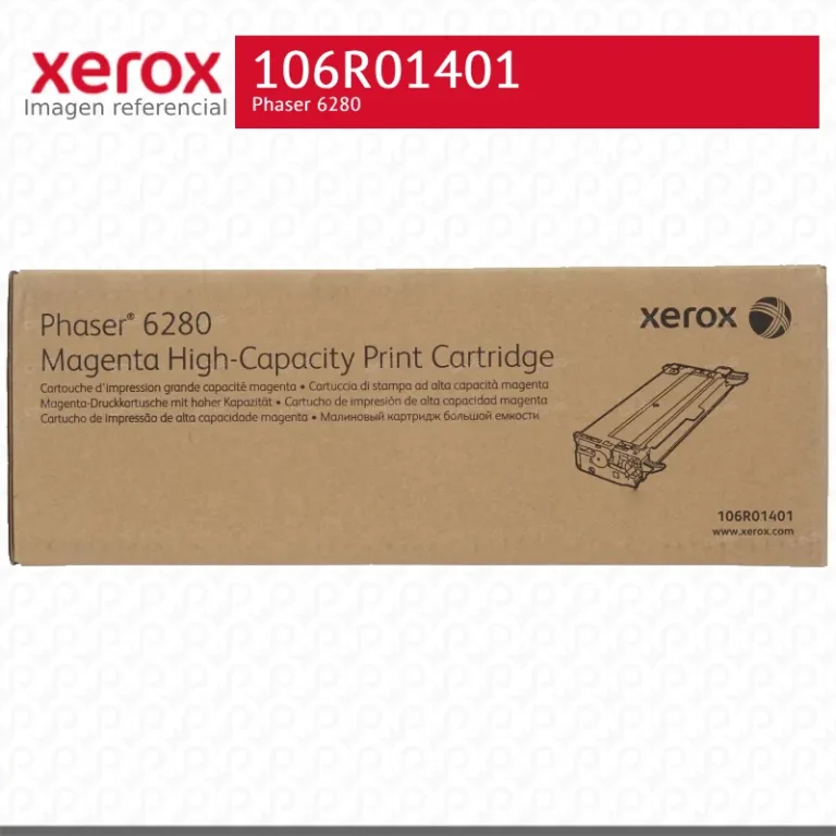 Tóner Xerox 106R01401 Magenta — cartucho extraído sobre fondo blanco