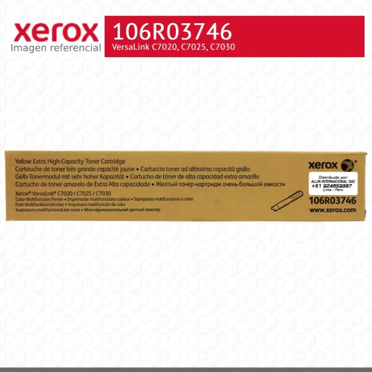 Cartucho tóner amarillo Xerox 106R03746 etiqueta lateral con SKU y rendimiento