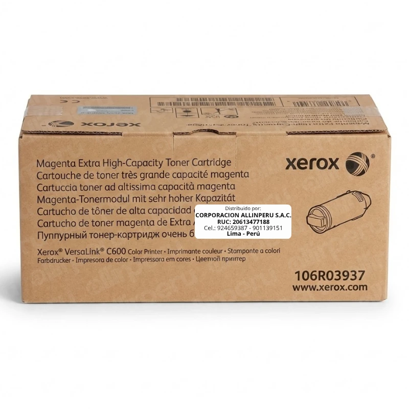 Tóner Xerox 106R03937 Magenta — Vista frontal del cartucho original Tóner Xerox 106R03937 Magenta original para impresora VersaLink C605