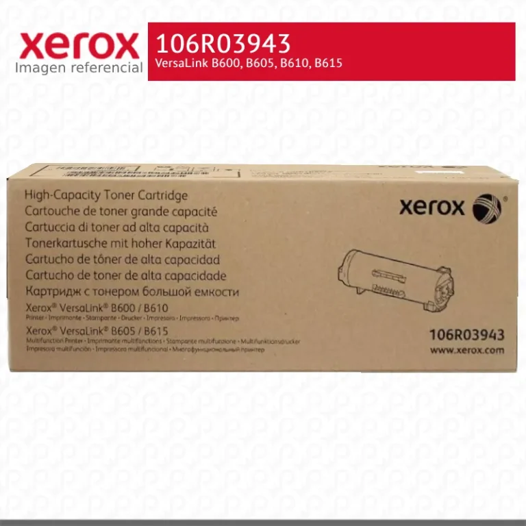 Cartucho de tóner Xerox 106R03943 negro fuera de la caja sobre superficie blanca