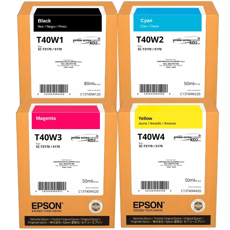 Kit tinta original Epson T40W cuatro colores negro cian magenta amarillo sobre fondo blanco