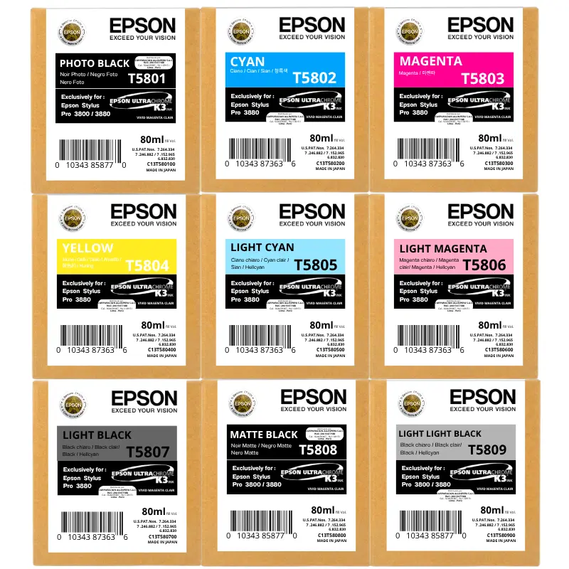 Kit tinta Epson T580 — 9 colores originales Kit completo 9 cartuchos tinta Epson T580 UltraChrome K3 original sellado