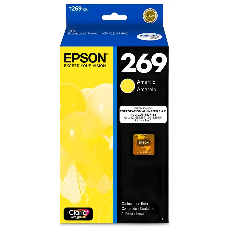 Tinta Epson T269420-AL Amarillo 269 — Original sellado Cartucho tinta Epson T269420-AL Amarillo vista frontal sellado de fábrica