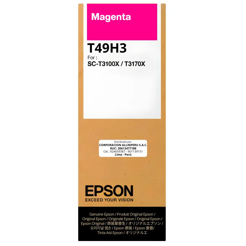 Tinta Epson T49H300 Magenta 140 ml — Vista frontal Botella de tinta original Epson T49H300 magenta 140 ml sellada de fábrica