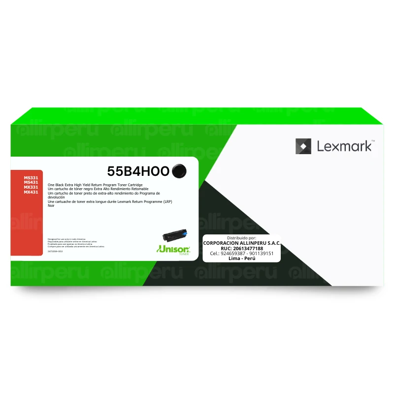 Tóner original Lexmark 55B4H00 negro vista frontal caja sellada