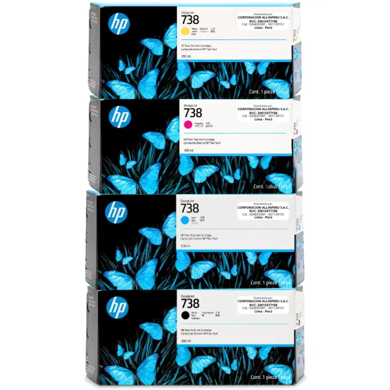 Pack tinta HP 738 CMYK 4 cartuchos 300ml DesignJet T850 T950 - vista frontal