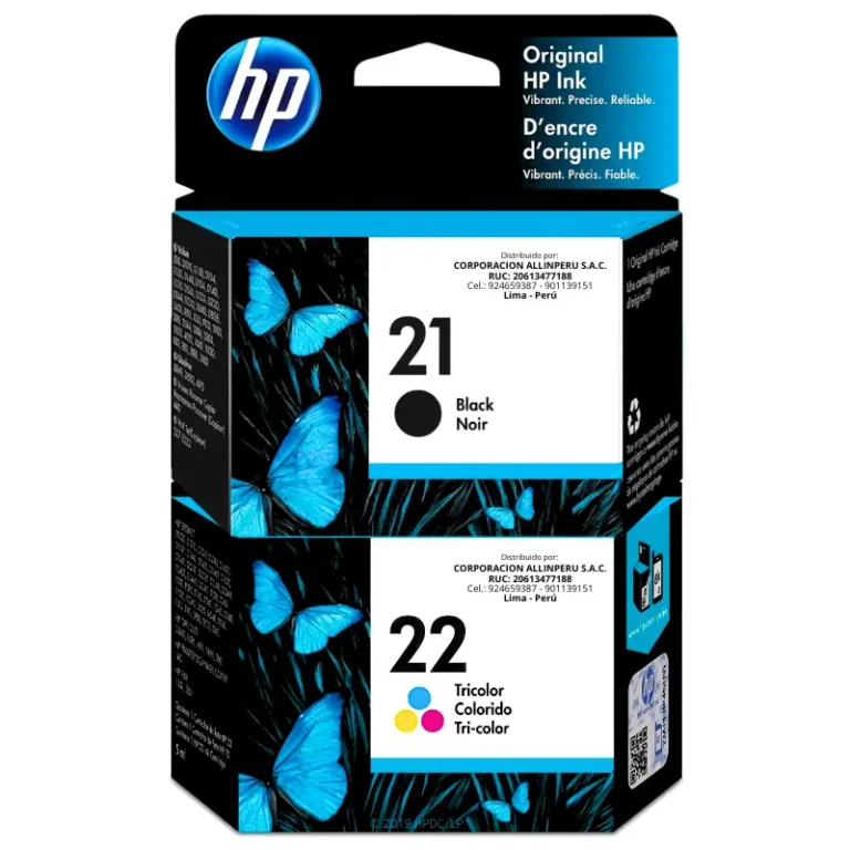 Kit tinta HP 21 y 22 negro y tricolor SD367AE sobre fondo blanco