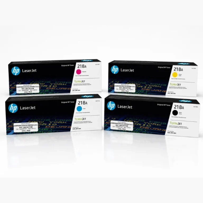 Foto de kit tóner HP 218A original 4 cartuchos BCMY empaque
