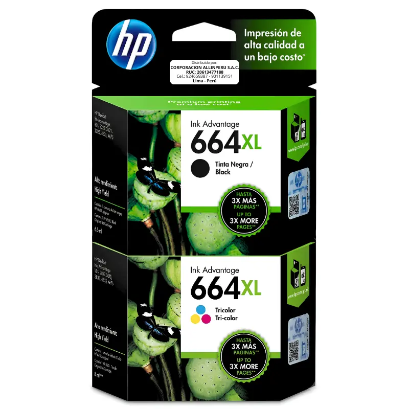 Pack tinta HP 664XL Negro F6V31AL y Tricolor F6V30AL vista frontal