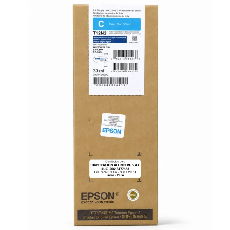 Foto de tinta Epson T12N200 Cyan 39ml original vista frontal del empaque