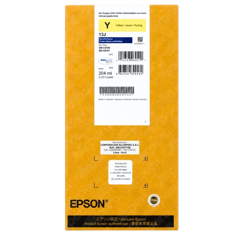 Tinta Epson T13J400 Amarillo original 204 ml vista frontal